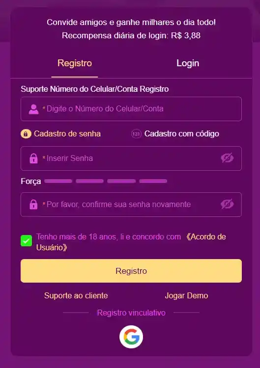 Página de registro 36RR com formulário simples e rápido